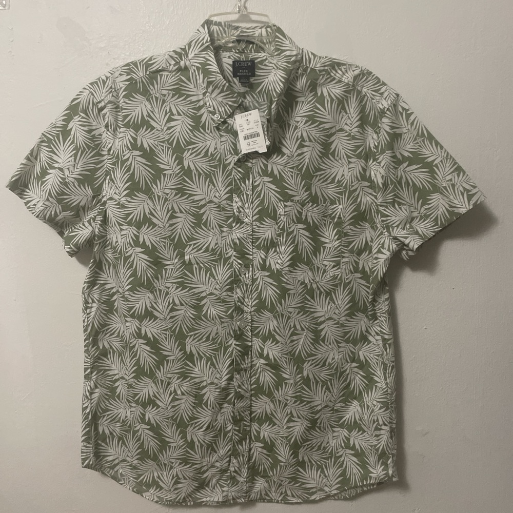 JCREW Green Floral Flex Washed Slim Short Sleeve Shirt Size Large NWT